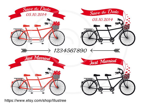 Wedding invitation clip art tandem bicycle banners ribbons