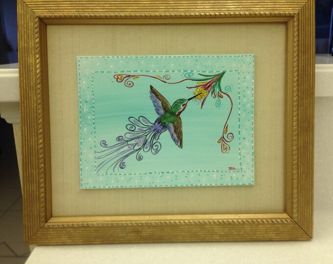 Hummingbird in Flight - Gold Wooden Frame - Acrylics on Canvas