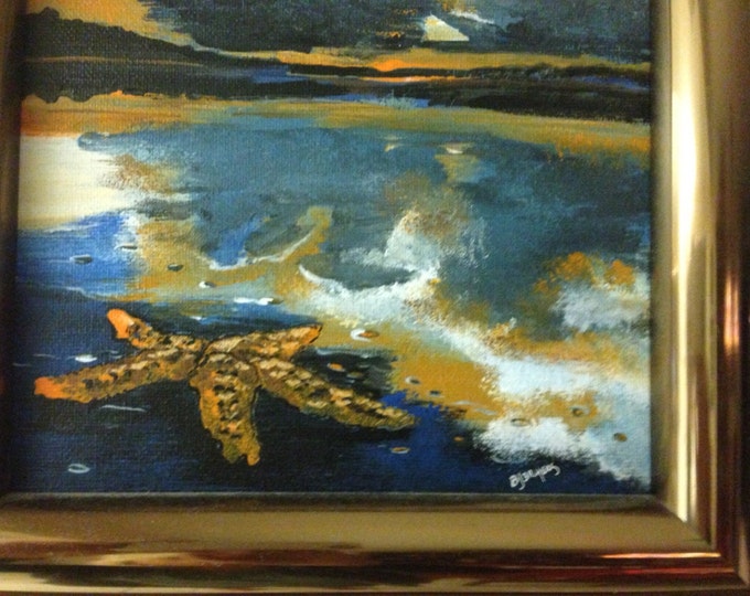 Starfish on Beach on 8 x 10 canvas in 10 x 12 copper colored frame