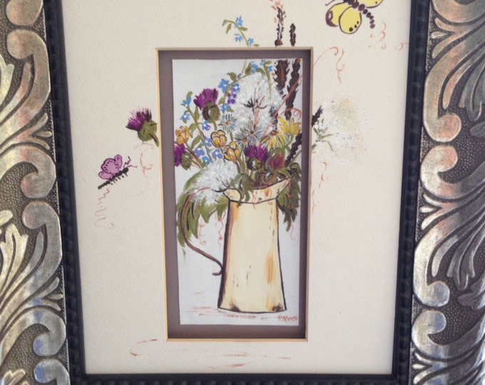 Bouquet of Flowers in a Spring Pitcher in a Silver/Black Frame