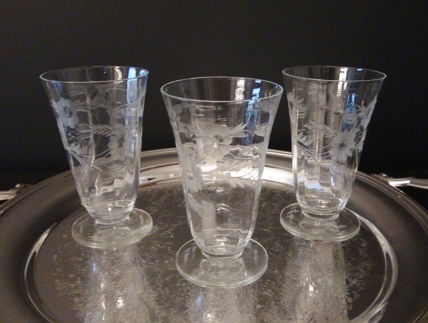 Vintage Crystal Parfait Glasses Set Of 3 Etched Footed