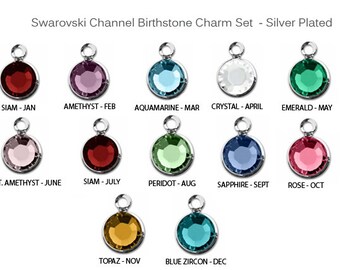 12 pcs Swarovski Birthstone Channel Charms Silver Plated (1 Set) CC6S, swarovski birthstone crystal charms -SET12