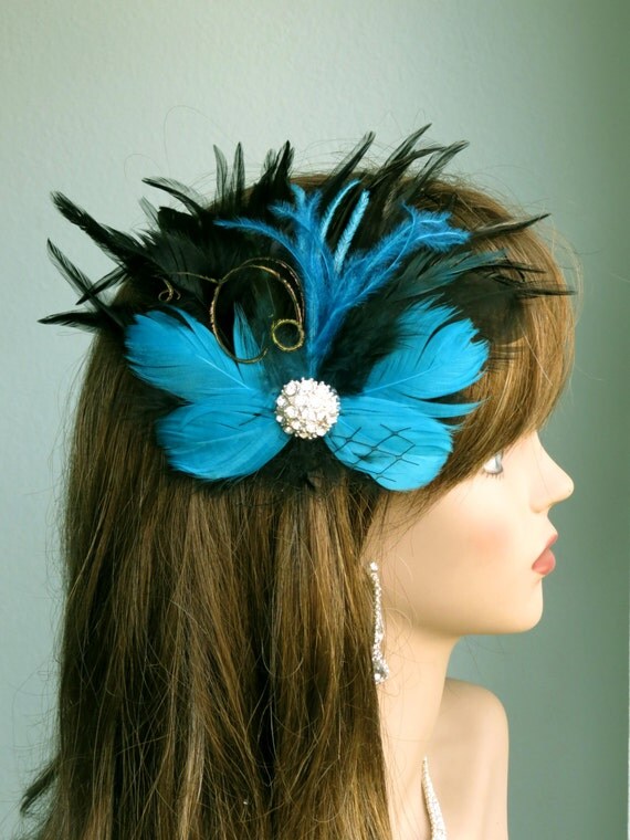 Turquoise Black Bridal Hair Clip Fascinator Wedding Accessory