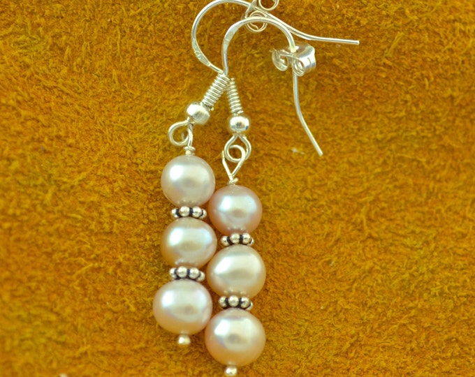 Pearl Earrings, Sterling Silver French Hooks, Pink Cultured Pearls E202