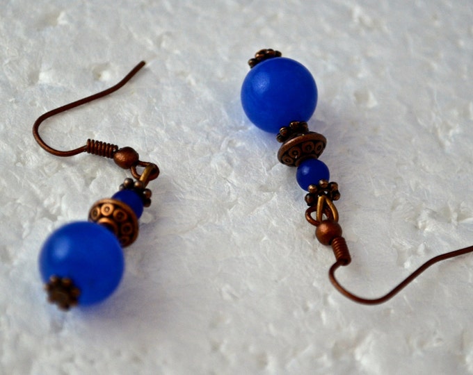 Sapphire Gembead Earrings, 1.5" Long, Pure Copper Metal, Natural Gembeads E165