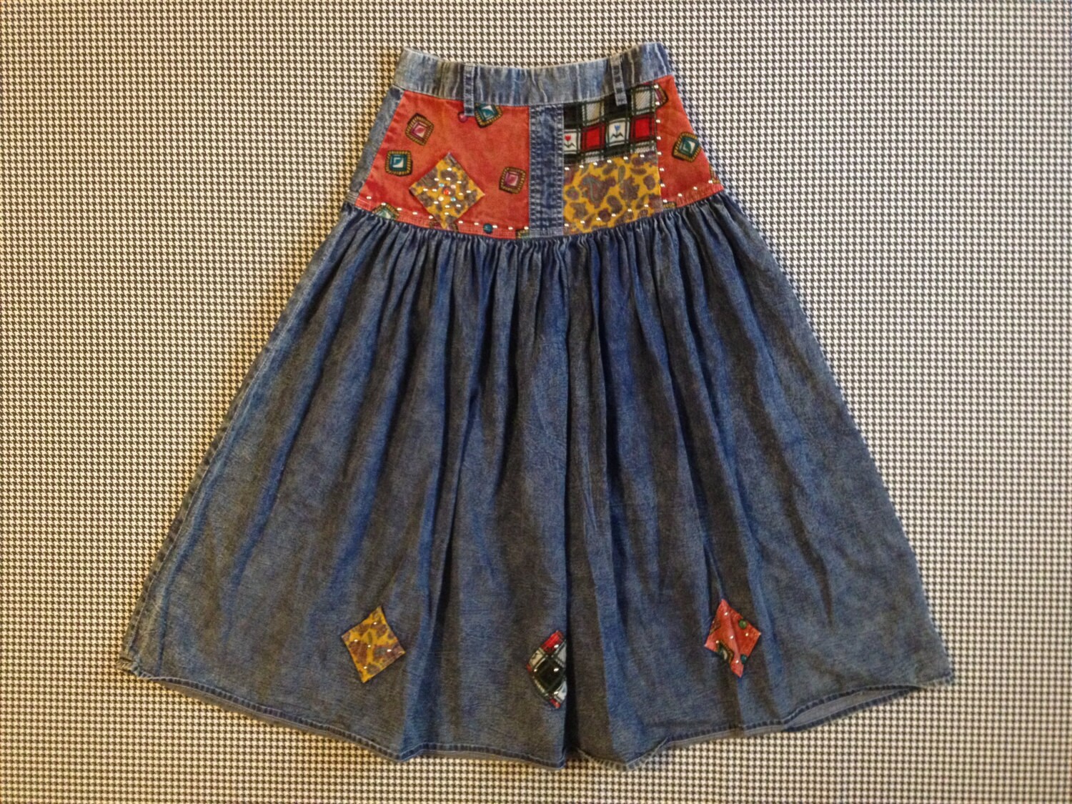 1980's dropped yoke denim maxi skirt with corduroy