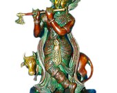 Krishna Statue Brass Vintage Handmade Hindu God Sculpture