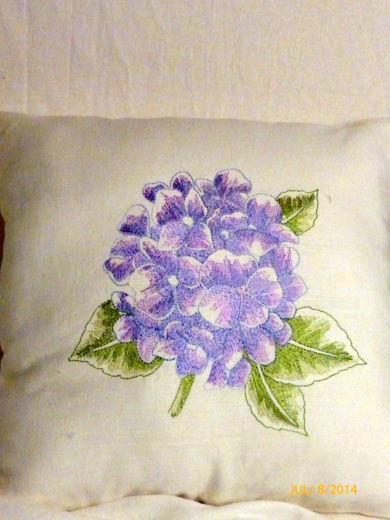 Hydrangea pillow  Embroidered pillow  Linen pillow lavender and blue 