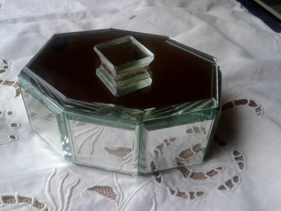 Antique French Art Deco Geometrical Mirror Box 1930's - Mirror Cuts - Casket Jewelry Box - Octagonal Shape - F aux leather Paper Box Inside