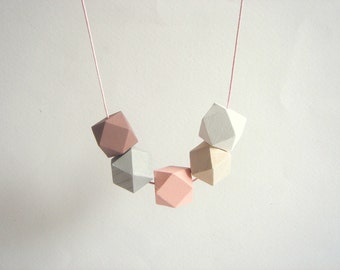 Pastel Geometric Necklace, Wood Beads Necklace, Hexagon Necklace,