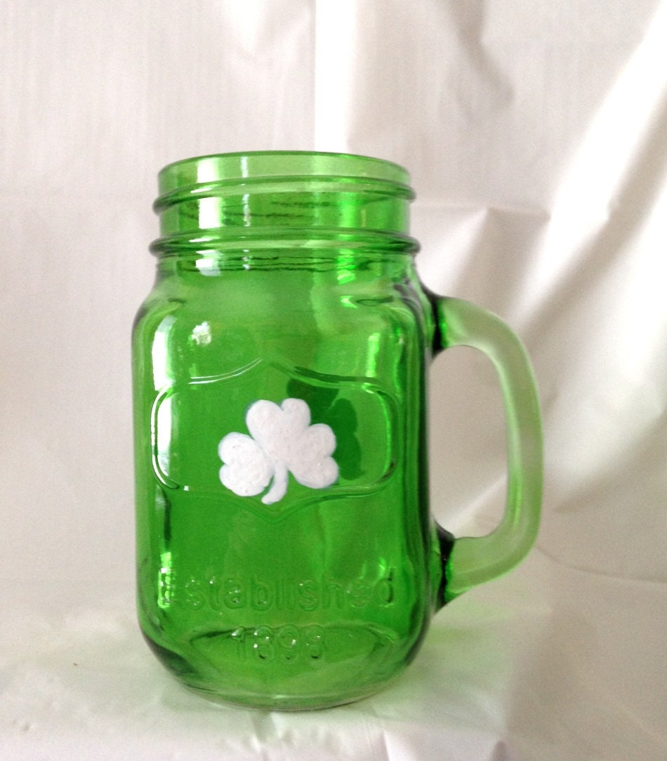 Irish Green Glass Mason Jar Beer Mug White by ilPiccoloGiardino