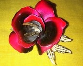 Vintage signed Coro metal enamel painted red rose large flower brooch pin Epsteam -- 0184