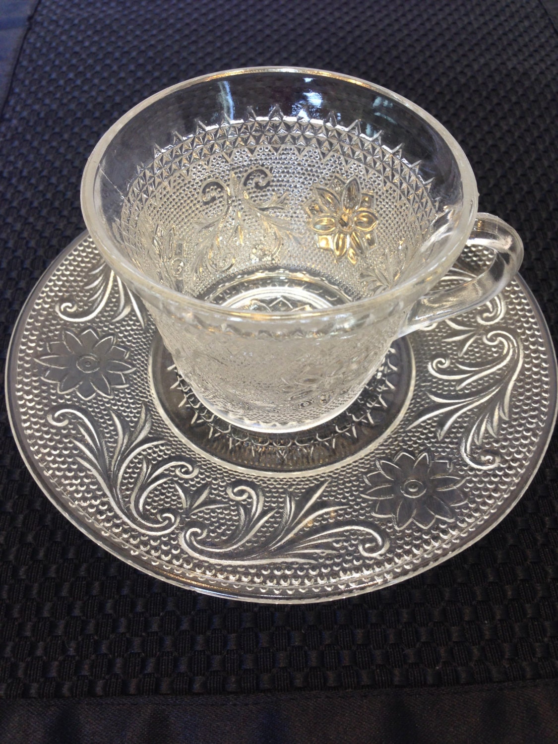 Anchor Hocking Vintage Sandwich Glass Cup Saucer Set