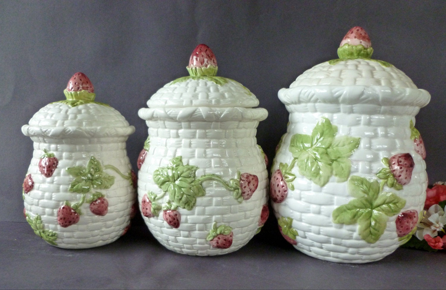 Vintage Canister Set of 3 White Ceramic Strawberry Basket