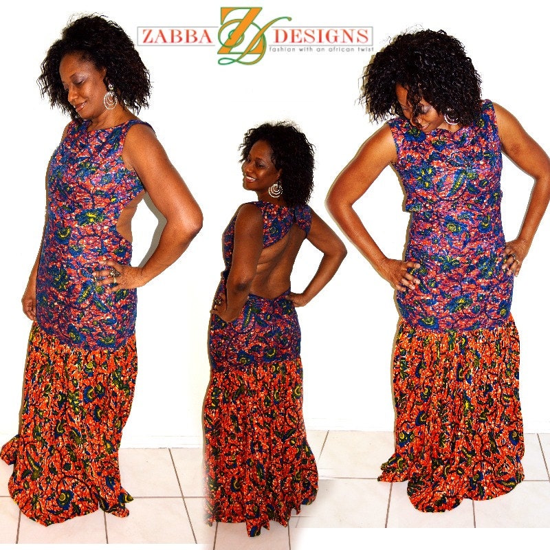 African Dress Blue Lace And African Ankara Fabric Long Dress