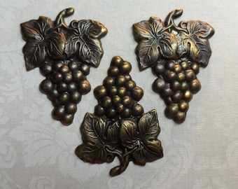 Vintage gold plate brass grapes with leaves stampings,1&5/8th"/1",3pcs-KC141