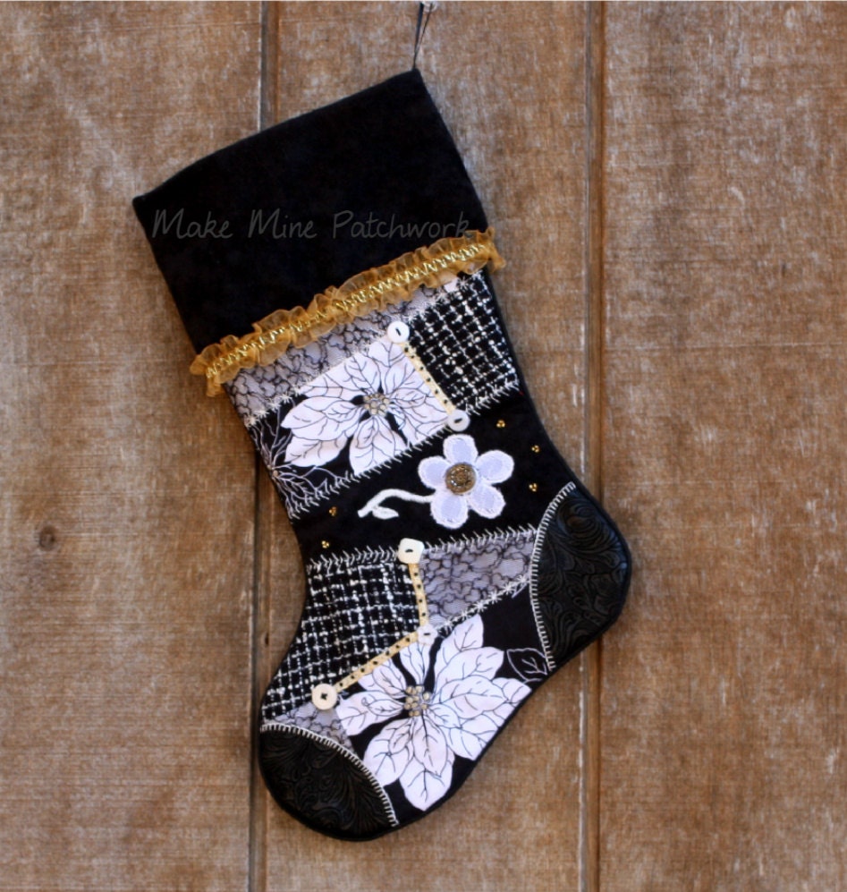 Personalized Black and White Christmas Stocking, Victorian Crazy Patchwork, Ruffles, Bead and Button Trims, Fully Lined, Handmade