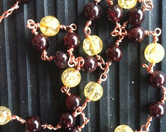 Garnet & Golden Tourmaline Necklace Copper Wire-Wrapped