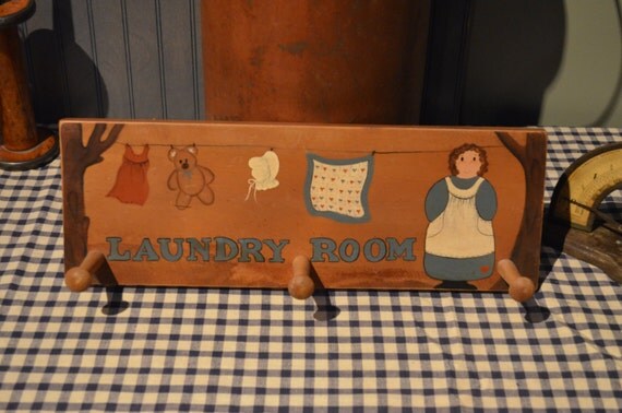 Laundry Room Vintage Wood Sign Hand Painted Rustic Farmhouse Folk Art Three 3 Pegs Solidly Construted I Ship Internationally