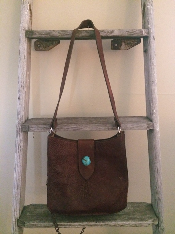 Vintage leather two bar west handbag with turquoise