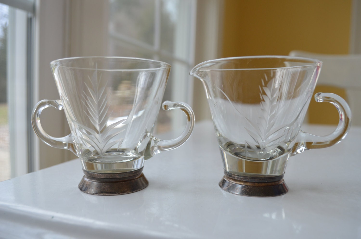 vintage mid century sugar creamer with etched wheat design and silver