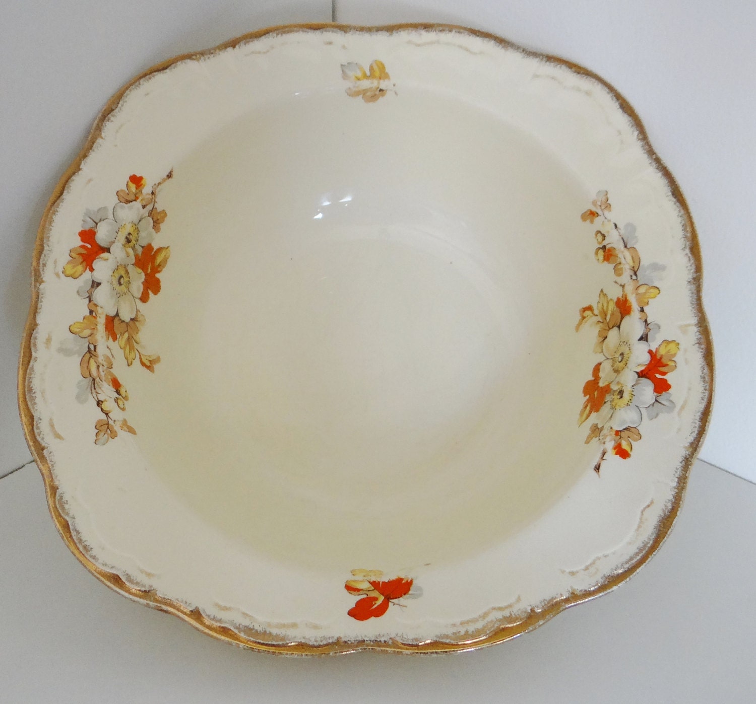 Vintage Serving Bowl Alfred Meakin Marquise Shape Marigold Pattern Gold Rimmed Art Deco Serving