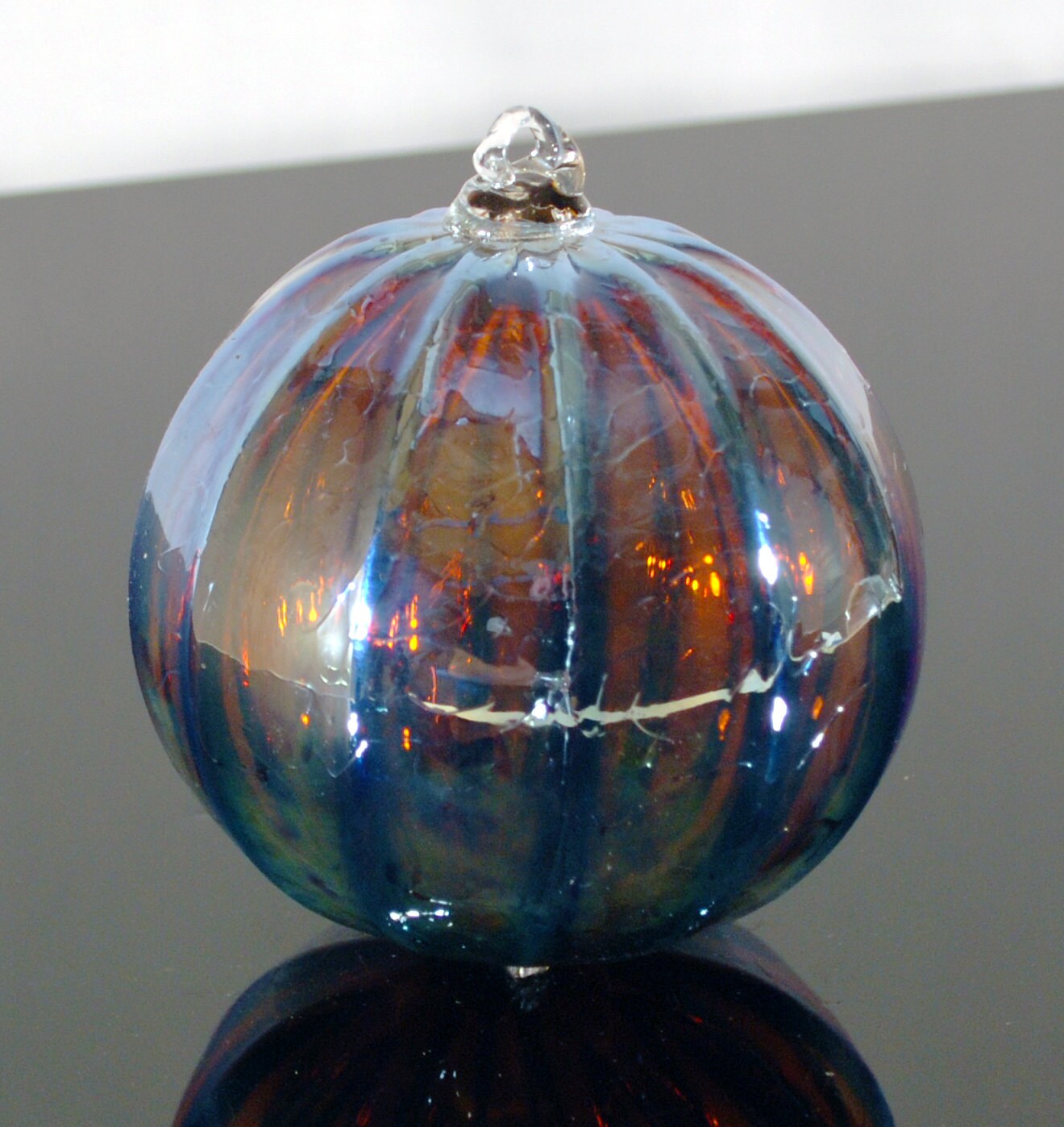 Hand Blown Glass Ornament Blue Mirror Golden by LocalArtGlassPDX