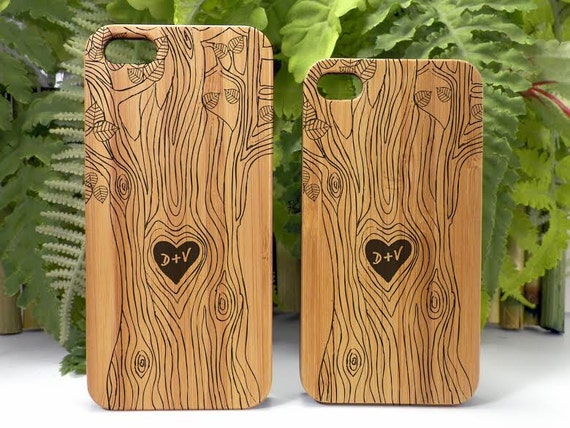 Lovers iPhone 6 Case Cover. Carved Tree Heart Symbol Couple Engagement Custom Initials Bamboo Wood Valentine's Day Gift Free U.S. Shipping