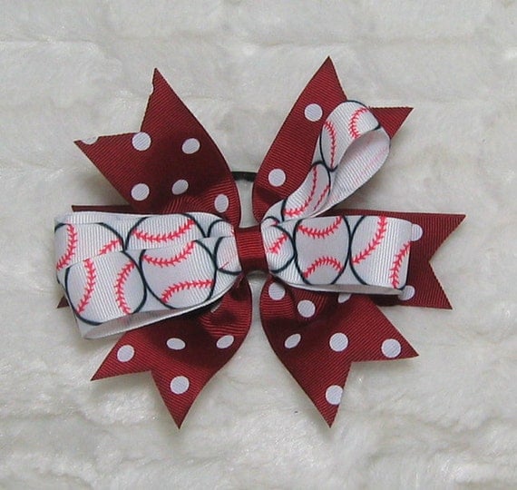 Girls Ponytail Softball Bow Maroon Crimson and White Polka