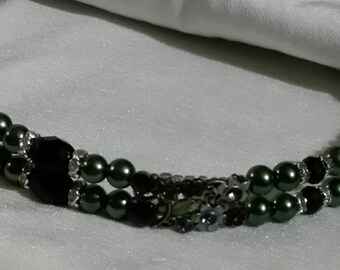 Deep, Dark, Green, Black Crystal, Bead, Bling, Handcrafted Custom Browband for Horse Bridle - English/Western. Any size, color leather