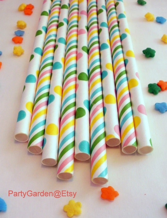 25 Pastel Polka Dot Stripe Combination Retro Paper Straw - With Free Printable DIY Flags Il_570xn