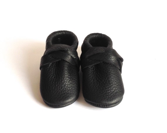 Black Leather Soft sole Baby shoe with Braid by BelleAndTheBear