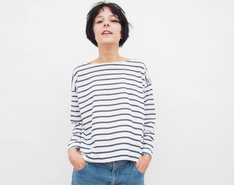 Striped shirt, Long Sleeve Tshirt, Oversized with Blue Breton stripes