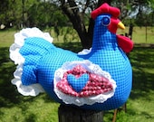 Blue gingham chicken doll doorstop made to order, red wings, blue heart, quilted wings & tail, gem eyes, white eyelet ruffle