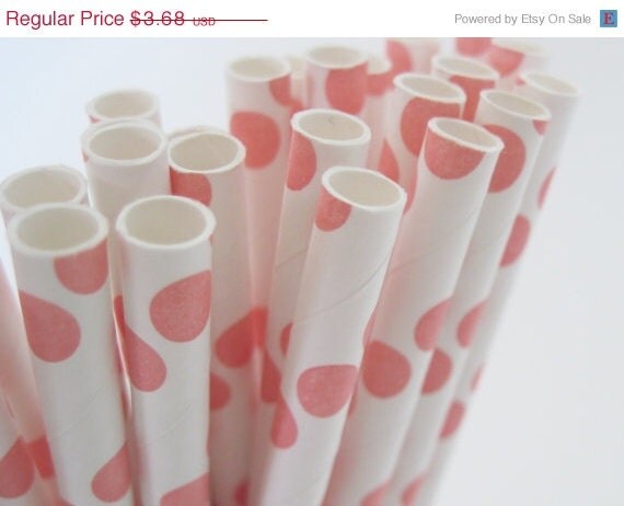 15% off - 25 Coral Dark Peach Pink Polka Dot Paper Straws - ships less than 24 hours Il_570xn