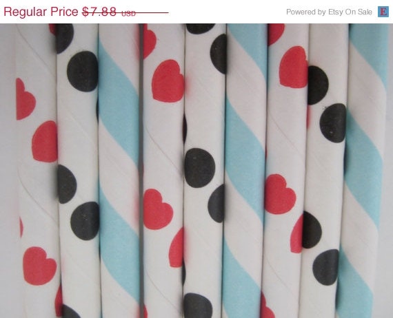 ON SALE - 50 Alice in Wonderland Paper Straw Mix - Red Heart, Black Dot, light Blue Stripe - ships less than 24 hours Il_570xn