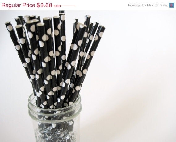 ON SALE 25 Black with White Polka Dot Paper Straws - ships less than 24 hours Il_570xn