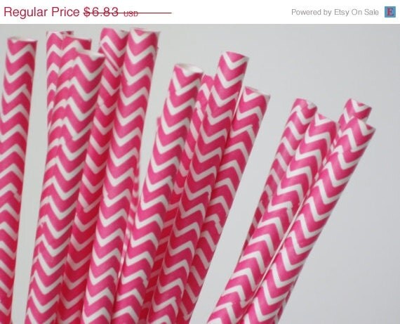 ON SALE 50 hot pink and White CHEVRON Paper Straw - ships less than 24 hours Il_570xn