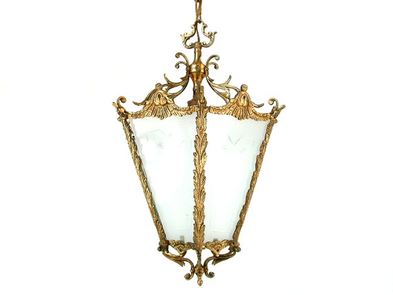 Antique french ornate gilded bronze and brass lantern chandelier. Paris apartment. French chateau.