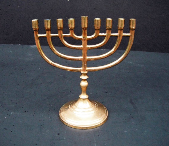 Small Vintage Solid Brass Jewish 9 Arms Candle Holder Menorah