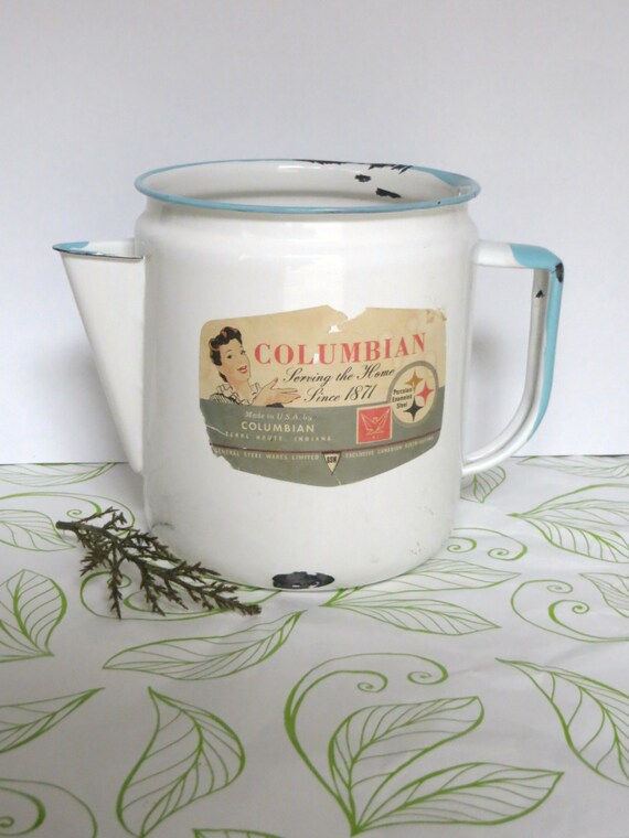 vintage Columbian enamelware coffee pot white light blue