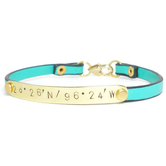 Personalized LATITUDE & LONGITUDE Gold and Leather Bracelet, Hand Stamped, Engraved Bracelet, Gold Bracelet, Leather Bracelet, Monogrammed