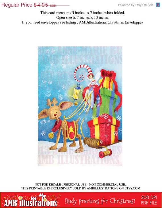 80% OFF Printable Christmas cards DIY instant download - Rudy's pulling fairy and sleigh AMB-609 Il_570xn
