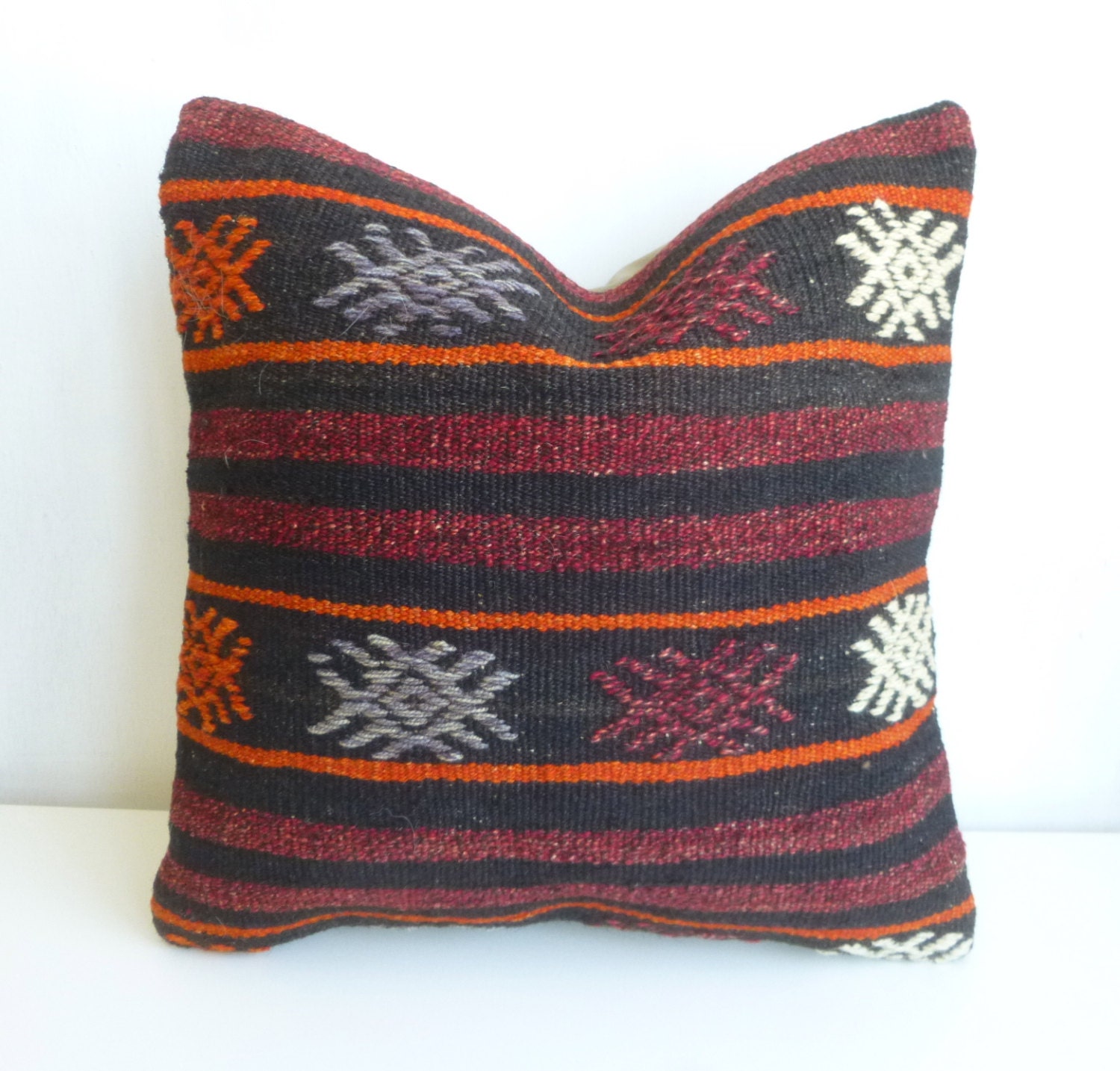 Ethnic Kilim Throw Pillow with Burgundy Tangerine by SophiesBazaar