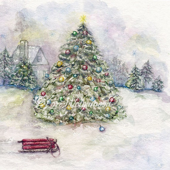 Christmas Scene No.1 Watercolor Artist by VintageNestDesigns