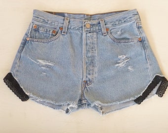 Items similar to High Waisted Lace Trim Pocket Levi's Shorts (Size 25 ...