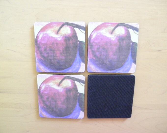 COASTERS, 4-piece Set, Apple Still Life by Pam Ponsart , Teacher Appreciation School Gift, Watercolor Reproduction, Burgundy Red Decor