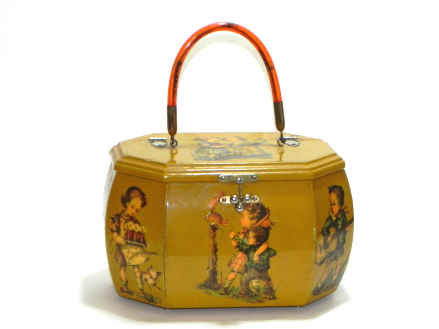 Vintage 1950s Hard Wooden Box Purse with Hummel Figures