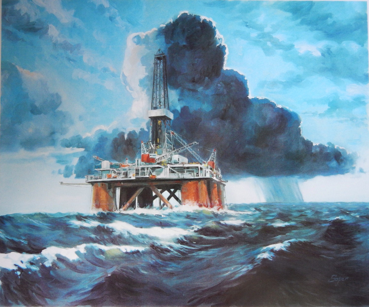 Fine art print of drilling rig in storm oil painting