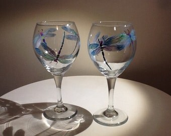 Iridescent Dragonfly hand painted wine Glass..13.95 each glass, makes a beautiful and whimsical gift, a true work of art